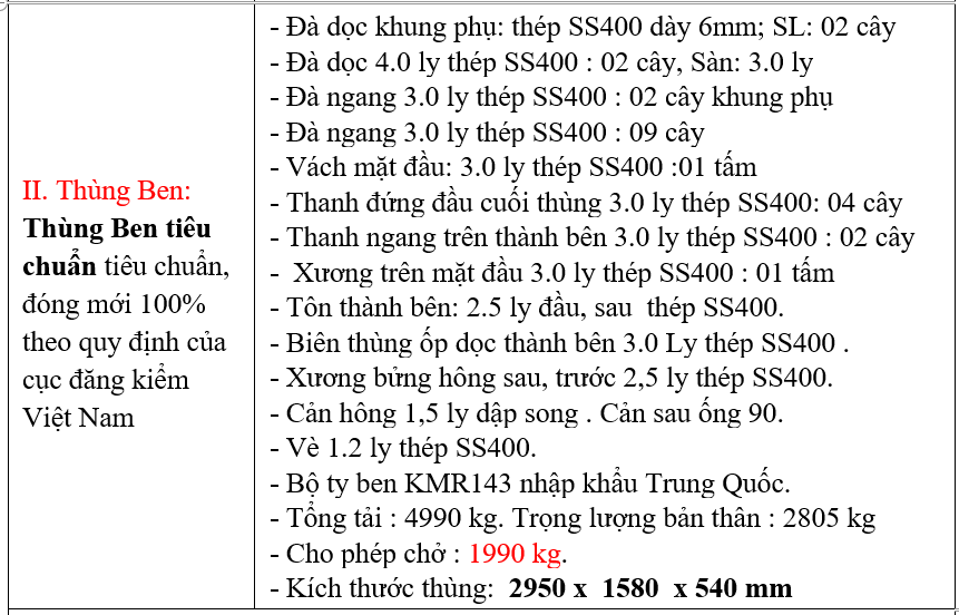 Thông số kỹ thuật thùng ben 2.5 khối xe ISUZU QKR230