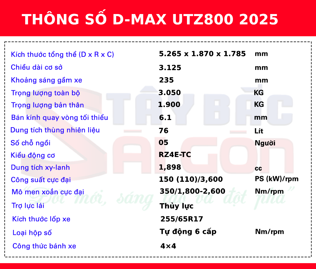 Thông số kỹ thuật của ISUZU 4x4 DMAX - UTZ800