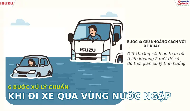 Nên giữ khoảng cách an toàn với các xe khác khi đi vào đường ngập