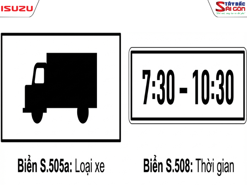 Biển phụ hình xe tải và biển phụ quy định thời gian cấm.