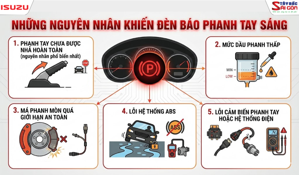 Tổng hợp các nguyên nhân khiến đèn báo phanh tay sáng