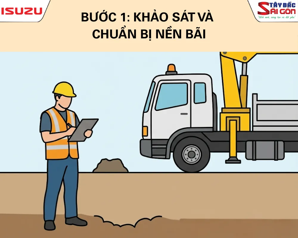 Kiểm tra địa hình nền đất bằng phẳng trước khi hạ chân chống xe cẩu tự hành