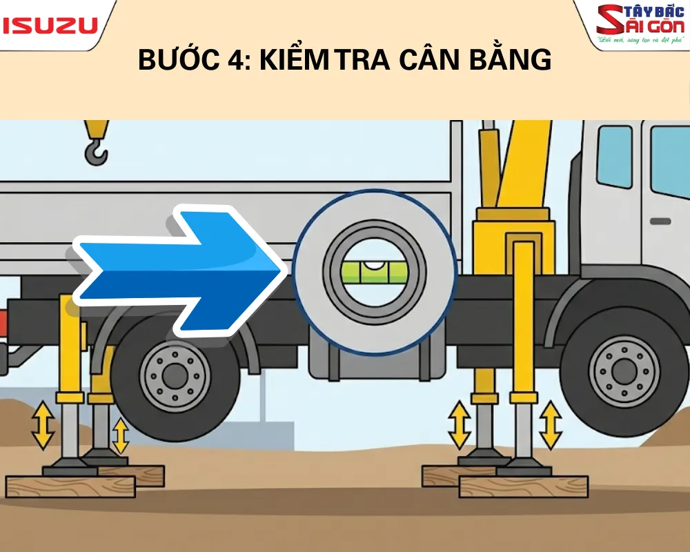 Hình ảnh thước thủy (bọt nước) dùng để kiểm tra độ cân bằng khi dựng chân chống xe cẩu