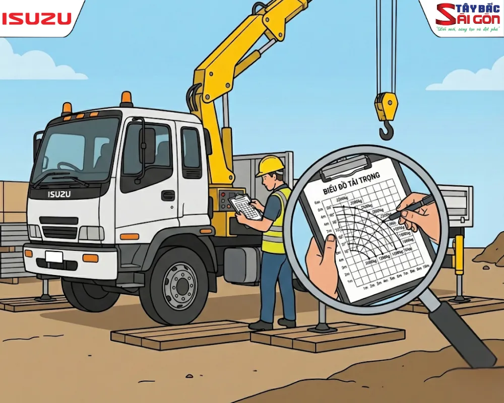 Cách đọc biểu đồ tải trọng và tầm vươn dán trên thân xe cẩu tự hành 8 tấn để tránh lật xe