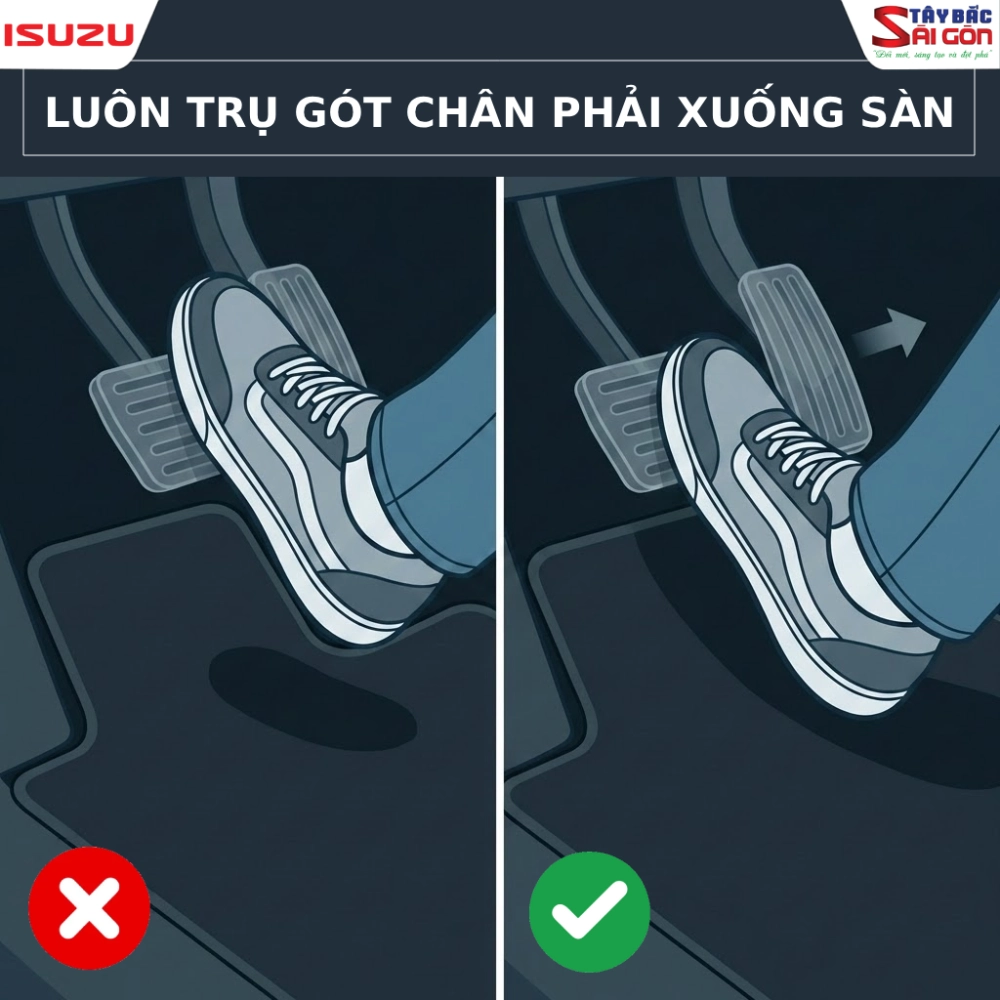 Trụ gót chân phải xuống sàn song song với chân phanh
