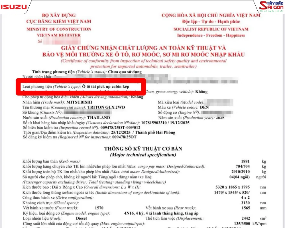 Hướng dẫn cách xem giấy đăng kiểm xe bán tải để phân biệt ô tô con và ô tô tải pick-up.