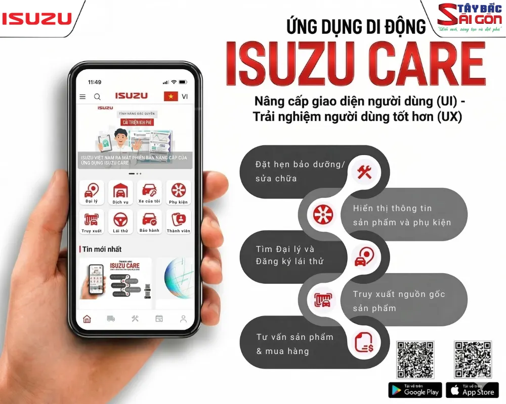Giao diện hướng dẫn dùng app ISUZU CARE để nhận báo giá và đặt lịch bảo dưỡng xe tải ISUZU trực tuyến.