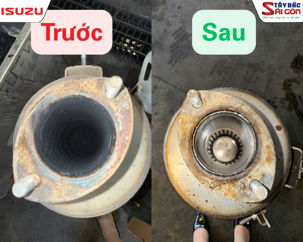 So sánh hình ảnh bầu pô đóng cặn muội than và sau khi được vệ sinh sạch sẽ tại xưởng Isuzu Tây Bắc Sài Gòn.