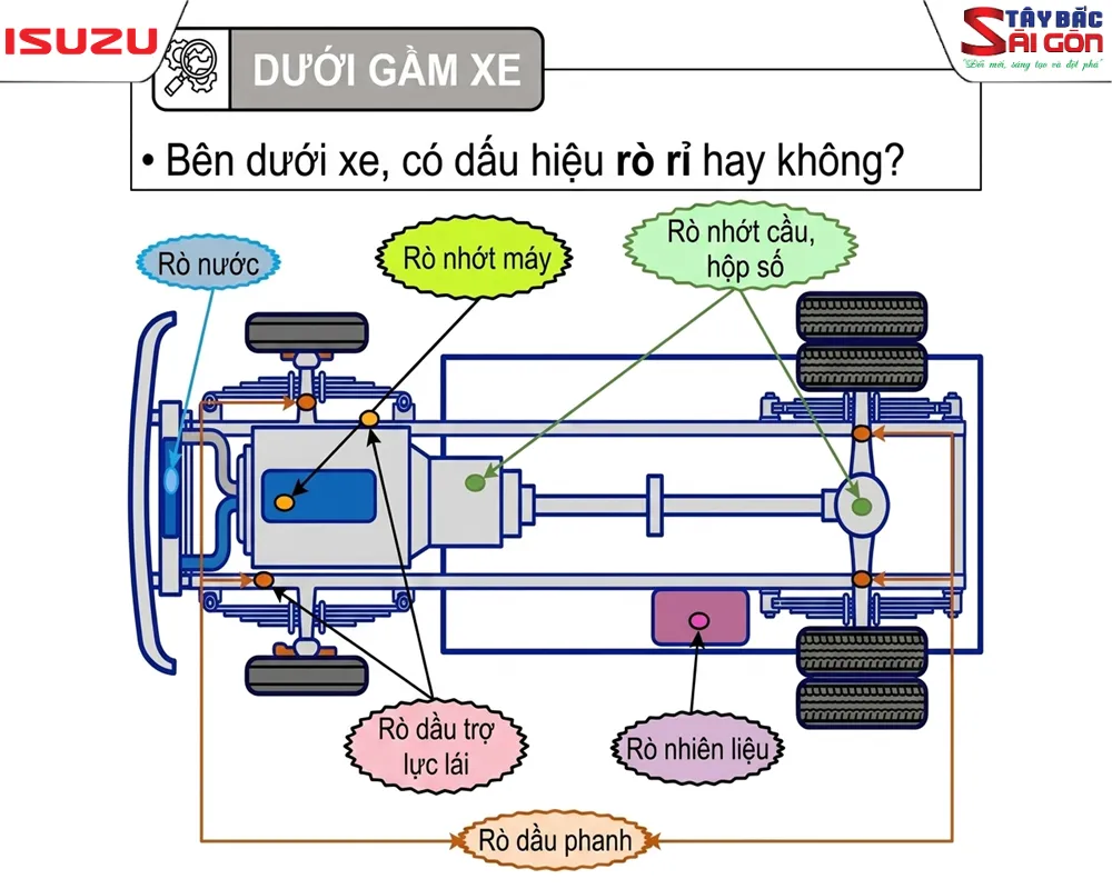 Sơ đồ các vị trí dễ rò rỉ dưới gầm xe tải Isuzu bao gồm rò nhớt máy, rò nhớt cầu hộp số, rò nước làm mát và rò dầu phanh.