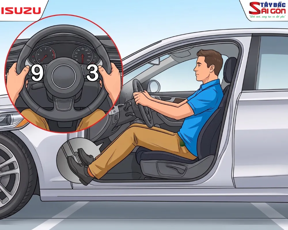 Vị trí đặt tay 9 giờ và 3 giờ trên tay lái ô tô