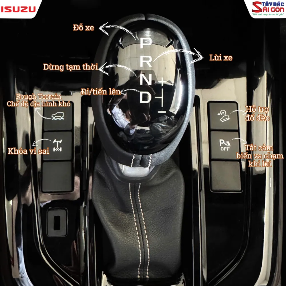 Cần số Isuzu mu-X và các nút Rough Terrain khóa vi sai hỗ trợ đổ đèo