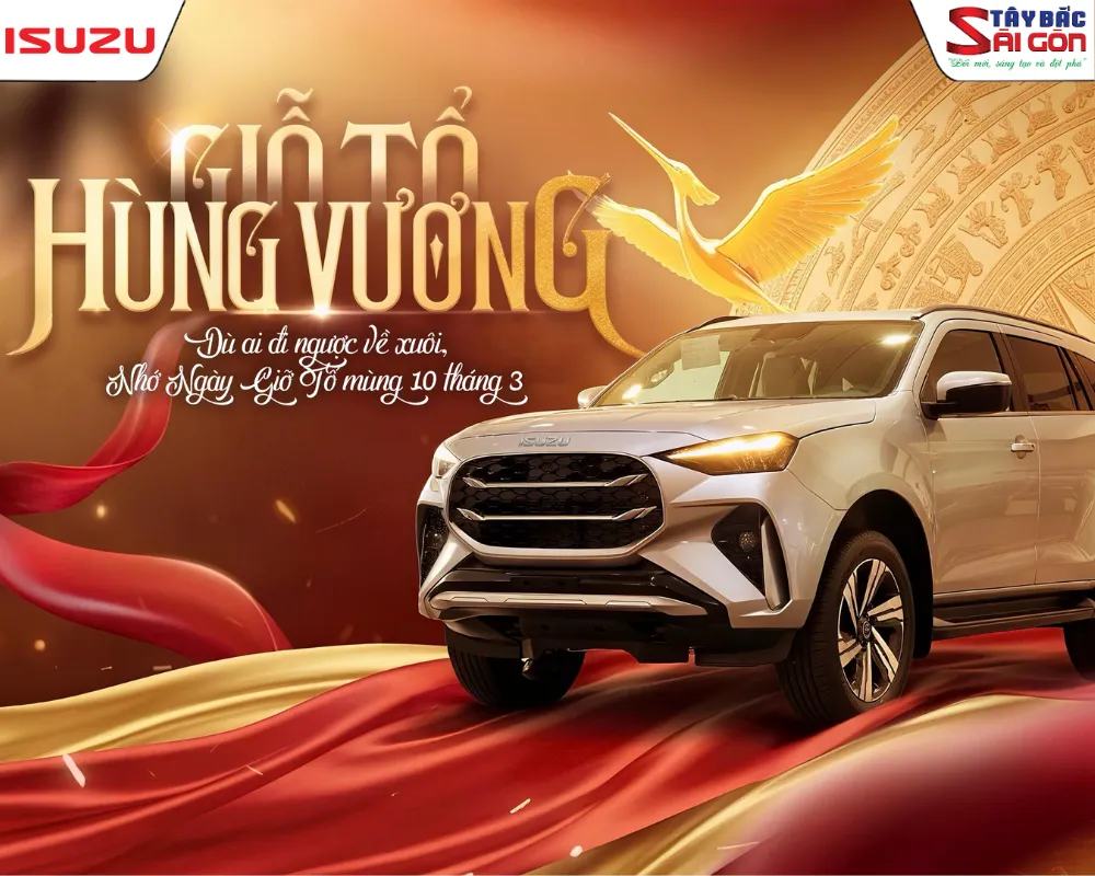 Xe Isuzu mu-X màu đồng sang trọng trong khung cảnh đồ họa chúc mừng ngày Giỗ Tổ Hùng Vương mùng 10 tháng 3 âm lịch.