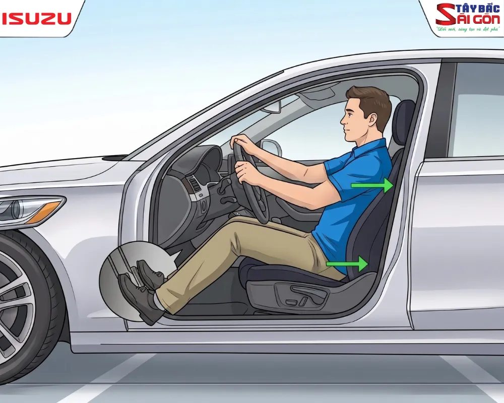 Minh họa độ nghiêng tựa lưng và khoảng cách từ ghế tới vô lăng