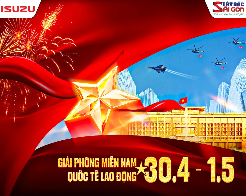 Chào mừng ngày Giải phóng miền Nam 30/4 và Quốc tế Lao động 1/5 với biểu tượng ngôi sao vàng và máy bay chiến đấu.