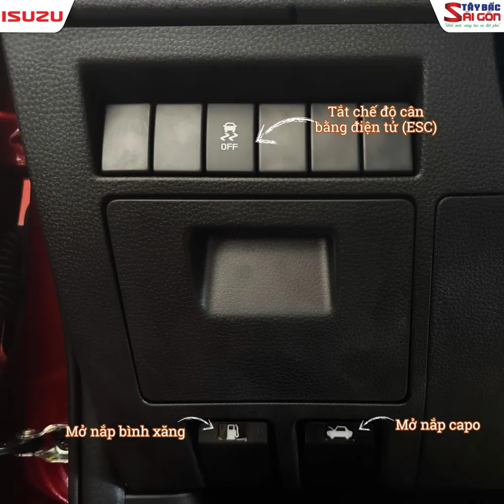 Vị trí lẫy mở nắp bình xăng nắp capo và nút ESC OFF xe Isuzu mu-X
