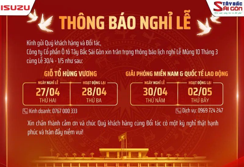 THÔNG BÁO NGHỈ LỄ 30/4/2026 VÀ GIỖ TỔ HÙNG VƯƠNG