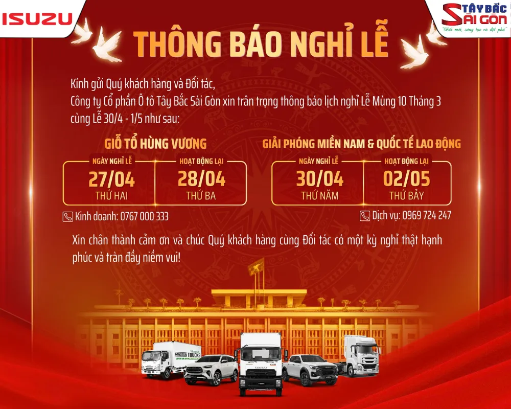 Bảng thông báo chi tiết lịch nghỉ lễ 30/4/2026 của Isuzu Tây Bắc Sài Gòn với đầy đủ ngày nghỉ, ngày hoạt động lại và số hotline hỗ trợ.