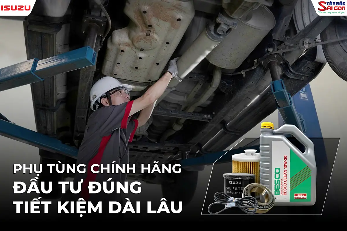 Kỹ thuật viên ISUZU cùng phụ tùng chính hãng: dầu nhớt, lọc dầu, dây curoa