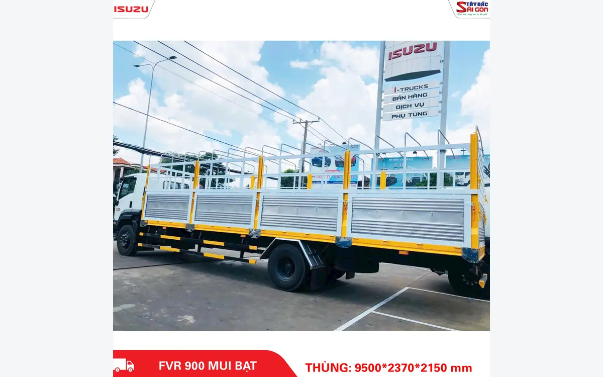 Xe tải ISUZU FVR900 thùng mui bạt nhìn ngang bên hông, thùng dài khung bạt